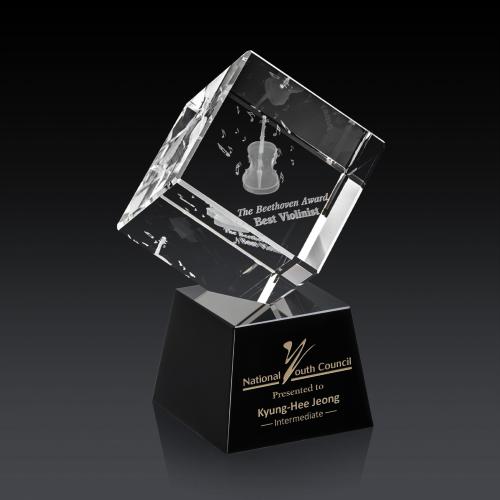 Awards and Plaques - Crystal Trophies - Klein 3D on Small Base Black Square / Cube Crystal Trophy