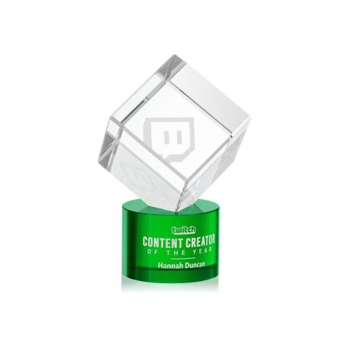 Awards and Plaques - Crystal Trophies - Klein on Round Base Green Square / Cube Crystal Trophy
