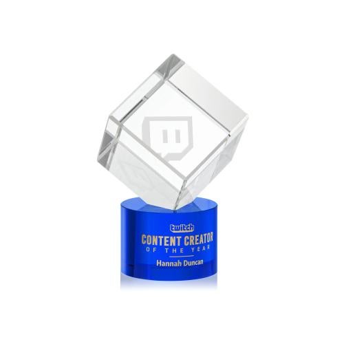 Awards and Plaques - Crystal Trophies - Klein on Round Base Blue Square / Cube Crystal Trophy