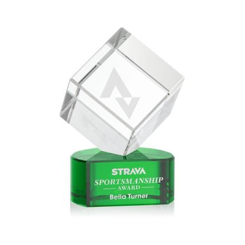 Awards and Plaques - Crystal Trophies - Klein on Half Round Base Green Square / Cube Crystal Trophy