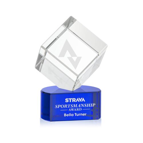 Awards and Plaques - Crystal Trophies - Klein on Half Round Base Blue Square / Cube Crystal Trophy