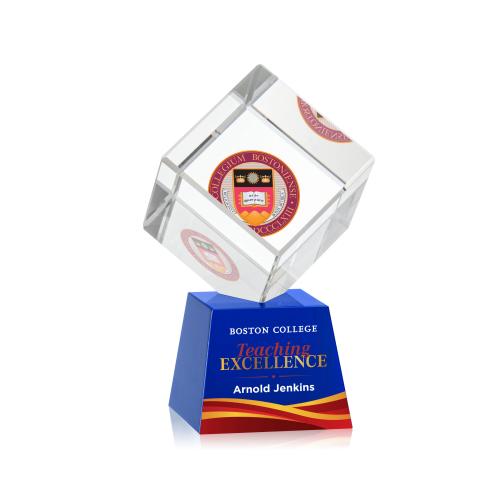 Awards and Plaques - Crystal Trophies - Klein Full Color on Small Base Blue Square / Cube Crystal Trophy