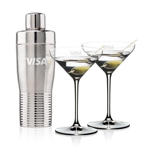 Custom Barware Glasses - Cocktail Glasses - Genoa Shaker & RIEDEL Martini Set