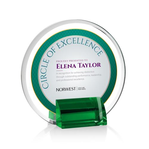 Awards and Plaques - Crystal Trophies - Gaston Full Color Green Circle Crystal Trophy