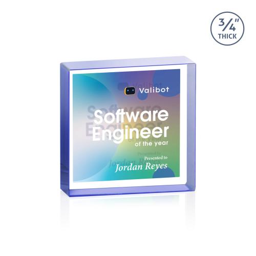 Awards and Plaques - Crystal Trophies - Upton Square Full Color Dillon Sided Blue Square / Cube Crystal Trophy