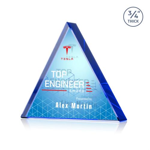 Awards and Plaques - Crystal Trophies - Arriaga Triangle Full Color Dillon Sided Blue Crystal Trophy