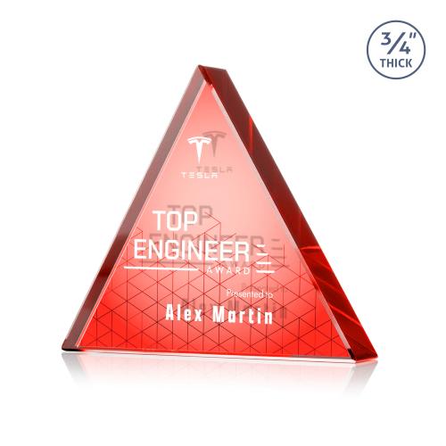 Awards and Plaques - Crystal Trophies - Arriaga Triangle Full Color Dillon Sided Red Crystal Trophy