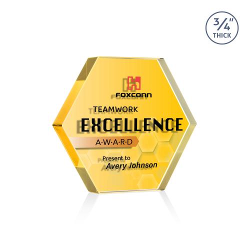 Awards and Plaques - Crystal Trophies - Gilford Hexagon Full Color Dillon Sided Gold Crystal Trophy