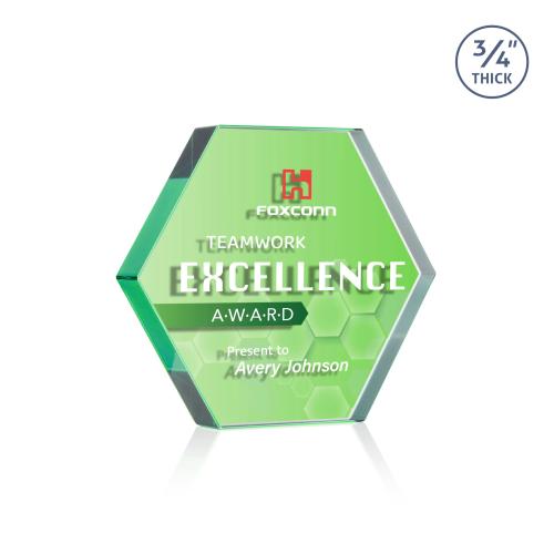 Awards and Plaques - Crystal Trophies - Gilford Hexagon Full Color Dillon Sided Emerald Crystal Trophy