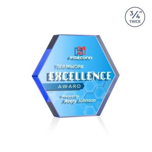 Awards and Plaques - Crystal Trophies - Gilford Hexagon Full Color Dillon Sided Blue Crystal Trophy