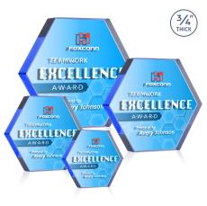 Gilford Hexagon Full Color Dillon Sided Blue Crystal Trophy - Glass Plaques