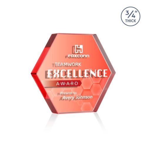 Awards and Plaques - Crystal Trophies - Gilford Hexagon Full Color Dillon Sided  Red Crystal Trophy