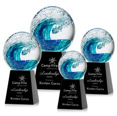 Ocean Wave Globe on Medium Crystal Black Glass Trophy - Glass Trophies