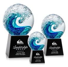 Ocean Wave Globe on Fortino Black Glass Trophy - Glass Trophies