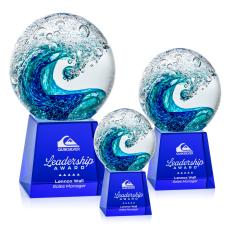 Ocean Wave Globe on Fortino Blue Glass Trophy - Glass Trophies