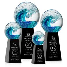 Ocean Wave Globe on Tall Crystal Black Glass Trophy - Glass Trophies