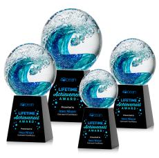 Ocean Wave Full Color Globe on Medium Crystal Black Glass Trophy - Glass Trophies