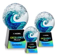 Ocean Wave Full Color Globe on Fortino Black Glass Trophy - Glass Trophies