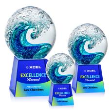 Ocean Wave Full Color Globe on Fortino Blue Glass Trophy - Glass Trophies