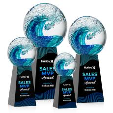 Ocean Wave Full Color Globe on Tall Crystal Black Glass Trophy - Glass Trophies