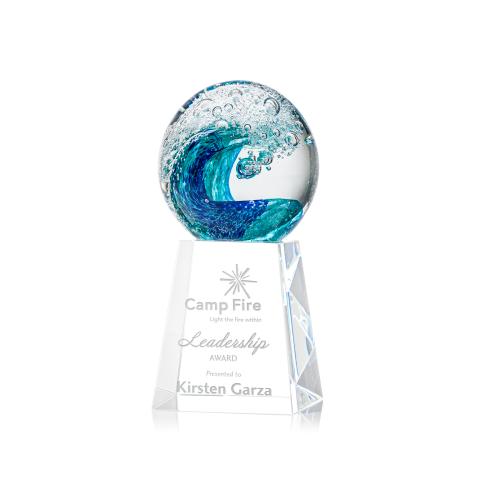 Awards and Plaques - Glass Trophies - Art Glass Trophies - Ocean Wave Globe on Medium Crystal Base Glass Trophy