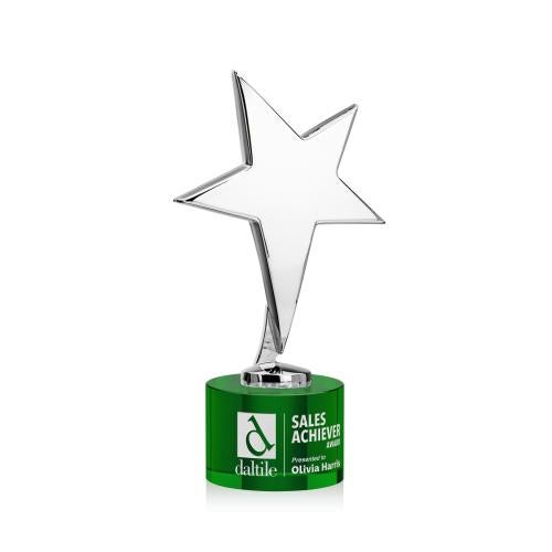 Trophies - Premium Metal Trophies - Spicer Chrome Star on Round Base - Green