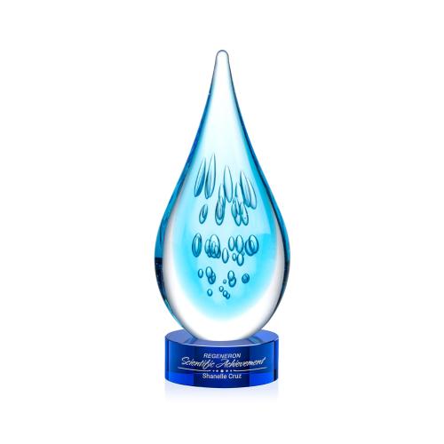 Awards and Plaques - Glass Trophies - Art Glass Trophies - Matrix on Lockwood Base Blue Tear Drop Glass Trophy