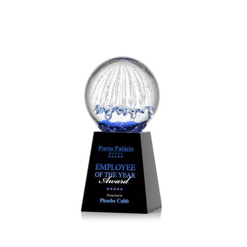 Awards and Plaques - Glass Trophies - Art Glass Trophies - Rudolph Full Color on Medium Crystal Base Black Globe Glass Trophy