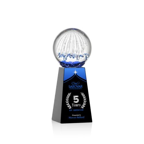 Awards and Plaques - Glass Trophies - Art Glass Trophies - Rudolph Full Color on Tall Crystal Base Black Globe Glass Trophy